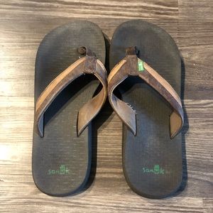 Mens Sanuk Sandals Flip Flops Tan Black Size 9